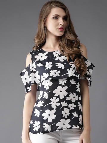 Moda Rapido Women Navy Blue Printed Cold Shoulder Top