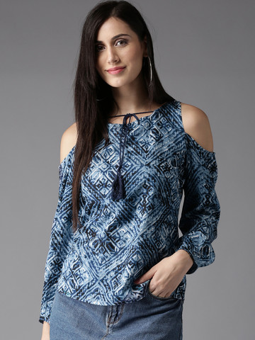HERE&NOW Women Blue Printed Cold-Shoulder Top