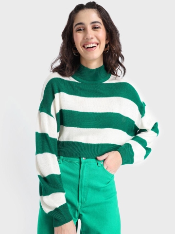 Bewakoof Women Green & White Striped Turtle Neck Acrylic Oversized Pullover Sweater
