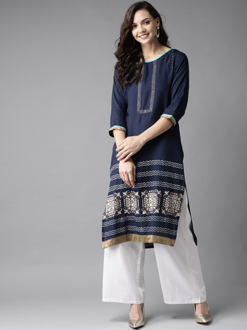 HERE&NOW Women Navy Blue & White Handblock Print Straight Kurta