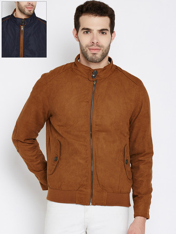 Wills Lifestyle Men Brown & Navy Solid Reversible Jacket