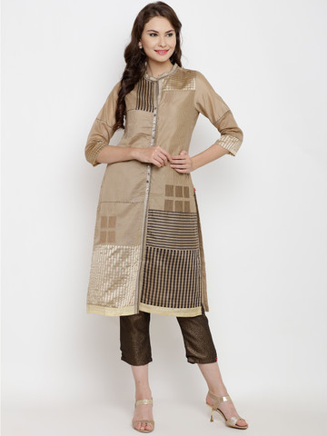 Biba Women Beige Striped Straight Kurta