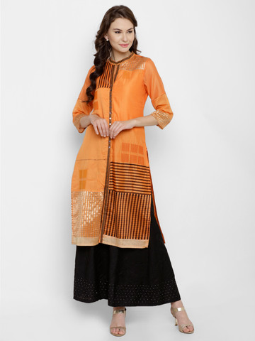 Biba Women Orange Woven Design Straight Kurta