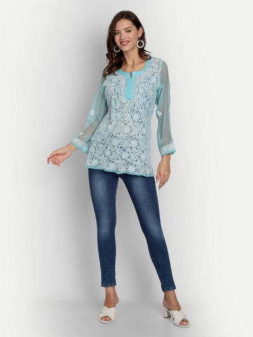 57% OFF on Indiankala4u Blue Floral Chikankari Embroidered Top 57% OFF on Indiankala4u Blue Floral Chikankari Embroidered Top