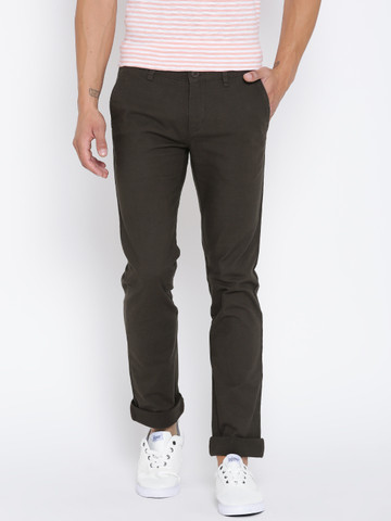 John Players Men Coffee Brown Skinny Fit Solid Trousers