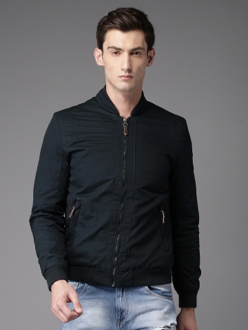 45% OFF on HERE&NOW Men Navy Blue Solid Padded Jacket on Myntra ...