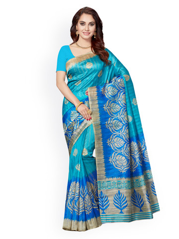 Ishin Blue Art Silk Printed Bhagalpuri Saree
