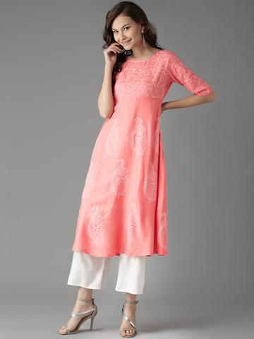 HERE&NOW Women Peach-Coloured Handblock Print A-Line Kurta