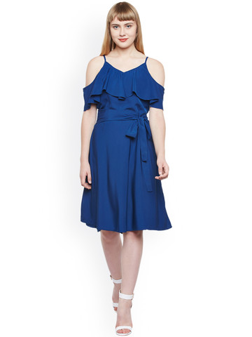 Popnetic Women Blue Solid Fit & Flare Dress