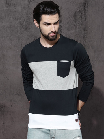 Roadster Men Grey Melange & Navy Blue Colourblocked T-shirt
