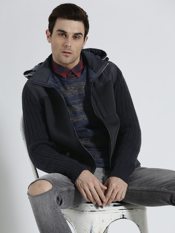 s.Oliver Men Navy Blue Solid Tailored Hooded Jacket s.Oliver Men Navy Blue Solid Tailored Hooded Jacket