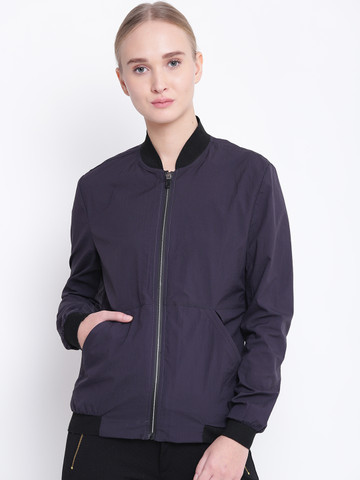 Fort Collins Women Navy Blue Solid Bomber Jacket