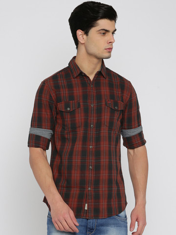 Jack & Jones Men Rust Brown & Black Slim Fit Checked Casual Shirt