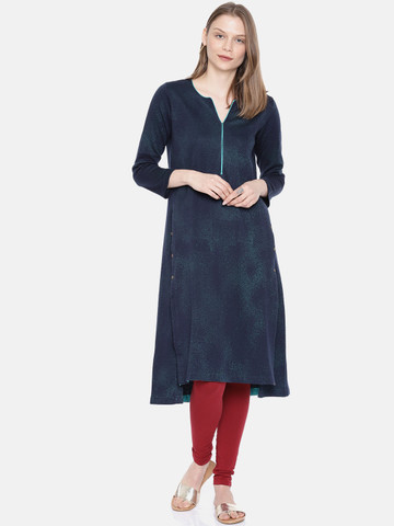 Biba Women Navy & Green Woven Design Straight Kurta
