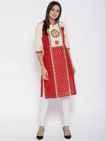 AURELIA Women Red & Off-White Printed Straight Kurta