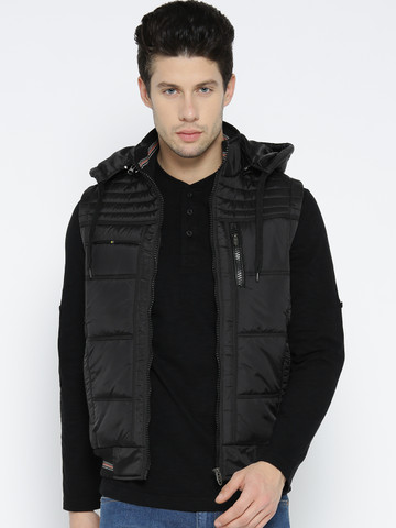 Fort Collins Men Black Solid Sleeveless Bomber Jacket with Detachable Hood