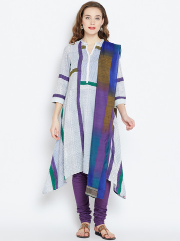 Biba Women Blue & White Striped A-Line Kurta with Churidar & Dupatta
