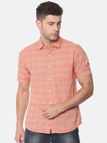 SCULLERS Men Peach-Coloured Slim Fit Checked Linen Casual Shirt
