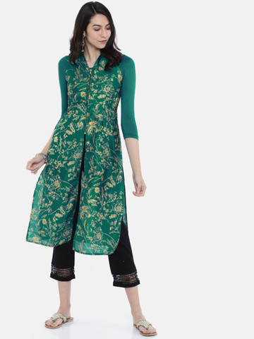 Ira Soleil Women Green Foil Print A-Line Kurta