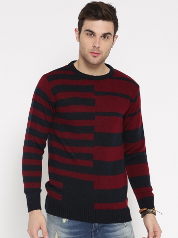 Buy Roadster Men Red & Navy Blue Striped Sweater on Myntra | PaisaWapas.com