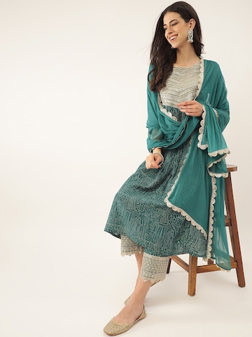 Khushal K Ethnic Motifs Printed Sequinned A-Line Kurta With Palazzos & Dupatta