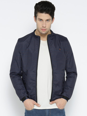 Fort Collins Men Navy Blue Checked Bomber Jacket Fort Collins Men Navy Blue Checked Bomber Jacket