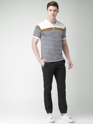 Buy Mast & Harbour Men Navy Blue Striped Polo Collar T-shirt on Myntra ...