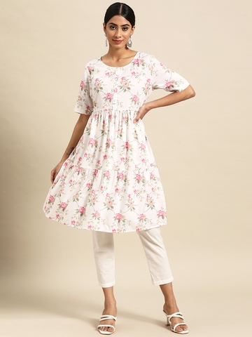 all about you Women White & Pink Floral Printed Floral Anarkali Kurta