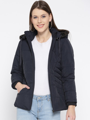 Fort Collins Women Navy Solid Parka Jacket with Detachable Hood