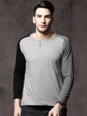 Roadster Men Grey Solid Henley Neck T-shirt
