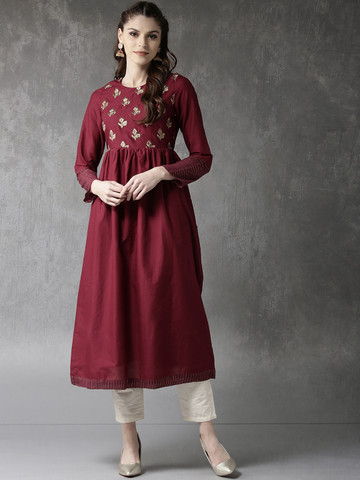 Anouk Women Burgundy Embroidered Yoke Design A-Line Kurta