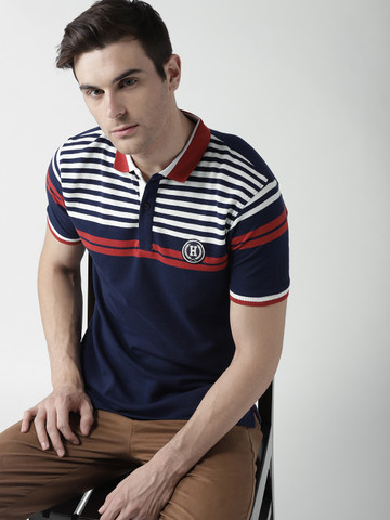Harvard Men Navy Blue Striped Polo Collar T-shirt