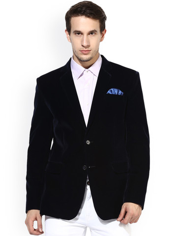 Hangup Navy Regular Fit Single-Breasted Velvet Party Blazer