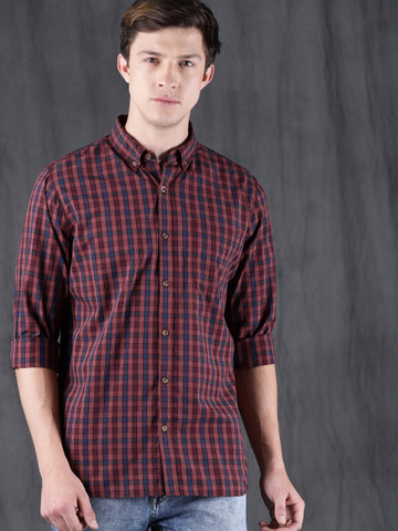 WROGN Men Maroon Smart Regular Fit Checked Casual Shirt