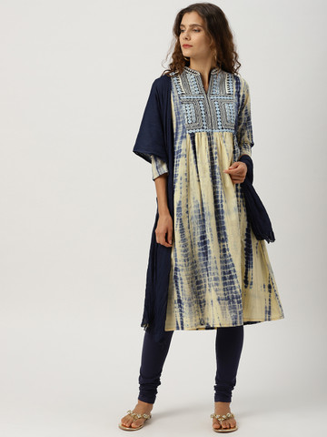 IMARA Women Beige & Navy Blue Dyed Kurta with Churidar & Dupatta IMARA Women Beige & Navy Blue Dyed Kurta with Churidar & Dupatta