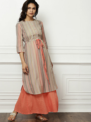 all about you Women Beige & Coral Striped Kurta with Skirt