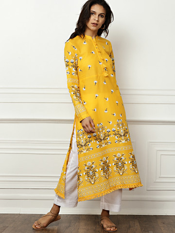 all about you Women Yellow Printed Straight Kurta