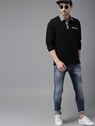 HERE&NOW Men Black Solid Polo Collar T-shirt HERE&NOW Men Black Solid Polo Collar T-shirt
