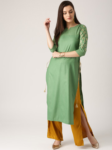 Libas Women Green Printed Detail Straight Kurta