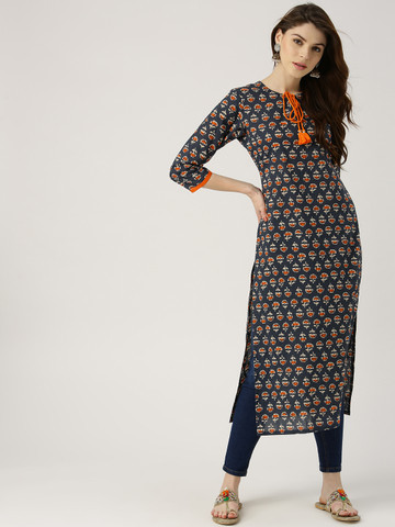 Libas Women Navy & Orange Printed Straight Kurta Libas Women Navy & Orange Printed Straight Kurta