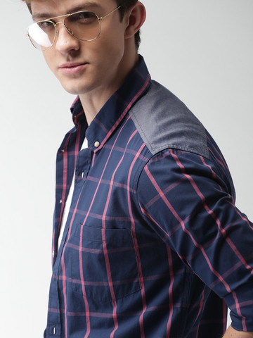 Harvard Men Navy & Pink Slim Fit Checked Casual Shirt