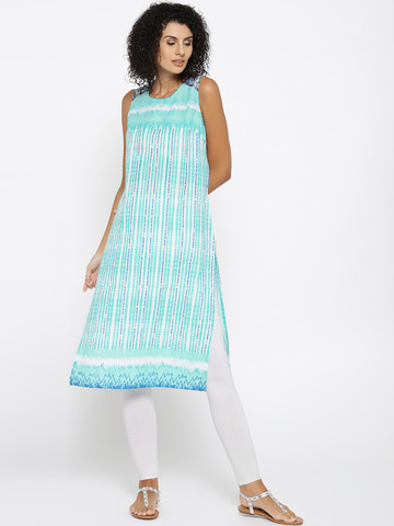 AURELIA Women Blue & White Striped Straight Kurta