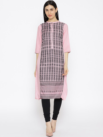 AURELIA Women Pink & Black Patterned Straight Kurta