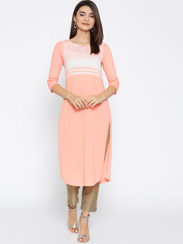 AURELIA Women Peach-Coloured Yoke Design Straight Kurta AURELIA Women Peach-Coloured Yoke Design Straight Kurta