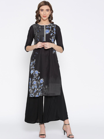 AURELIA Women Black & Blue Floral Print Straight Kurta