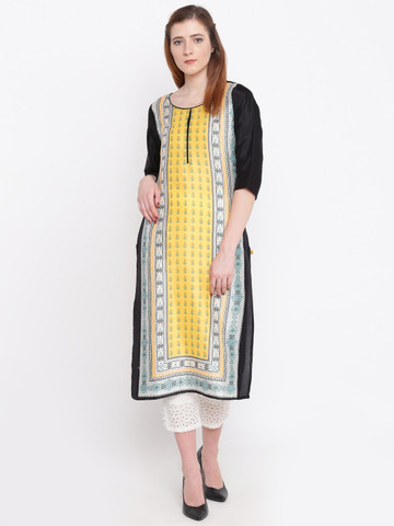 AURELIA Women Yellow & Black Printed Straight Kurta
