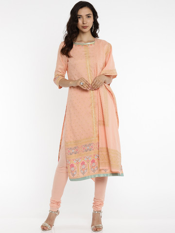 AURELIA Women Peach-Coloured & Printed Kurta with Churidar & Dupatta