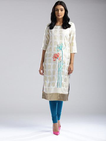 W Women Off-White & Golden Printed Straight Kurta