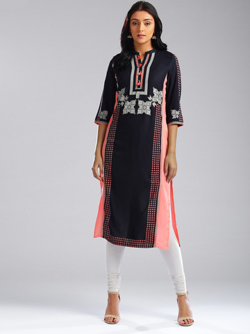 W Women Navy Blue & Peach-Coloured Printed Straight Kurta