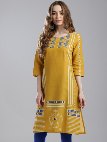 W Women Mustard Yellow Printed Straight Kurta